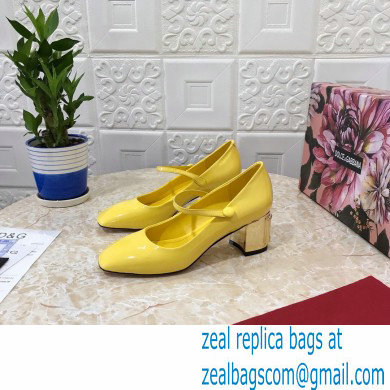 Dolce & Gabbana Heel 6.5cm Patent Leather Mary Janes Yellow with DG Karol Heel 2021 - Click Image to Close